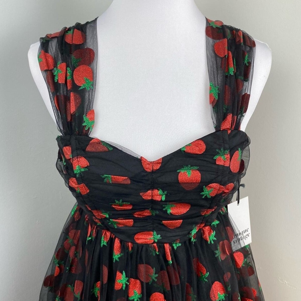 Unique Vintage Black Glitter Strawberry Tulle Mini Dress Size XL